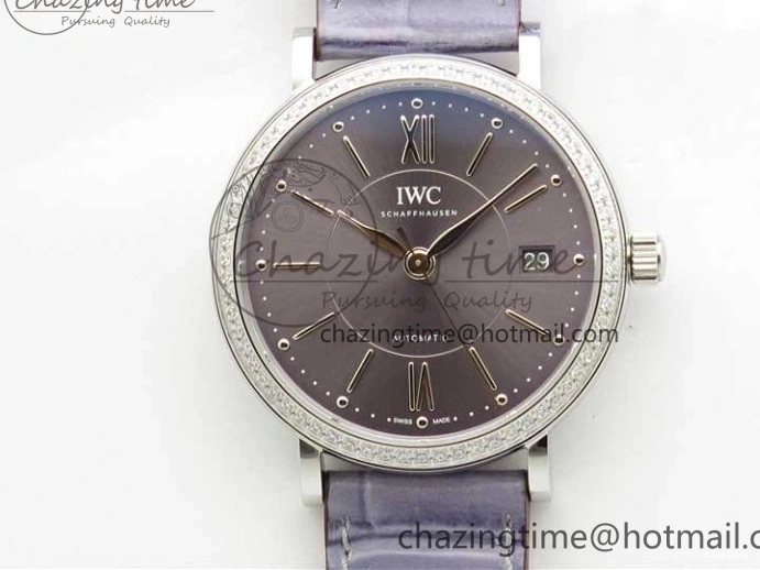 MIROTIME 0510 Attractive Portofino 37mm SS V7F 1:1 Best Edition Gray Dial Diamonds Bezel on Gray Leather Strap A 7091